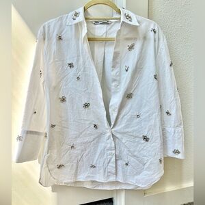 ZARA White Embellished Button Down Shirt. Size S.